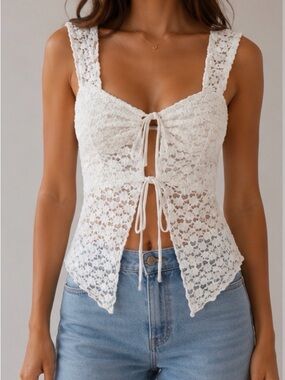 White Crochet Tie-Front Tank Top
